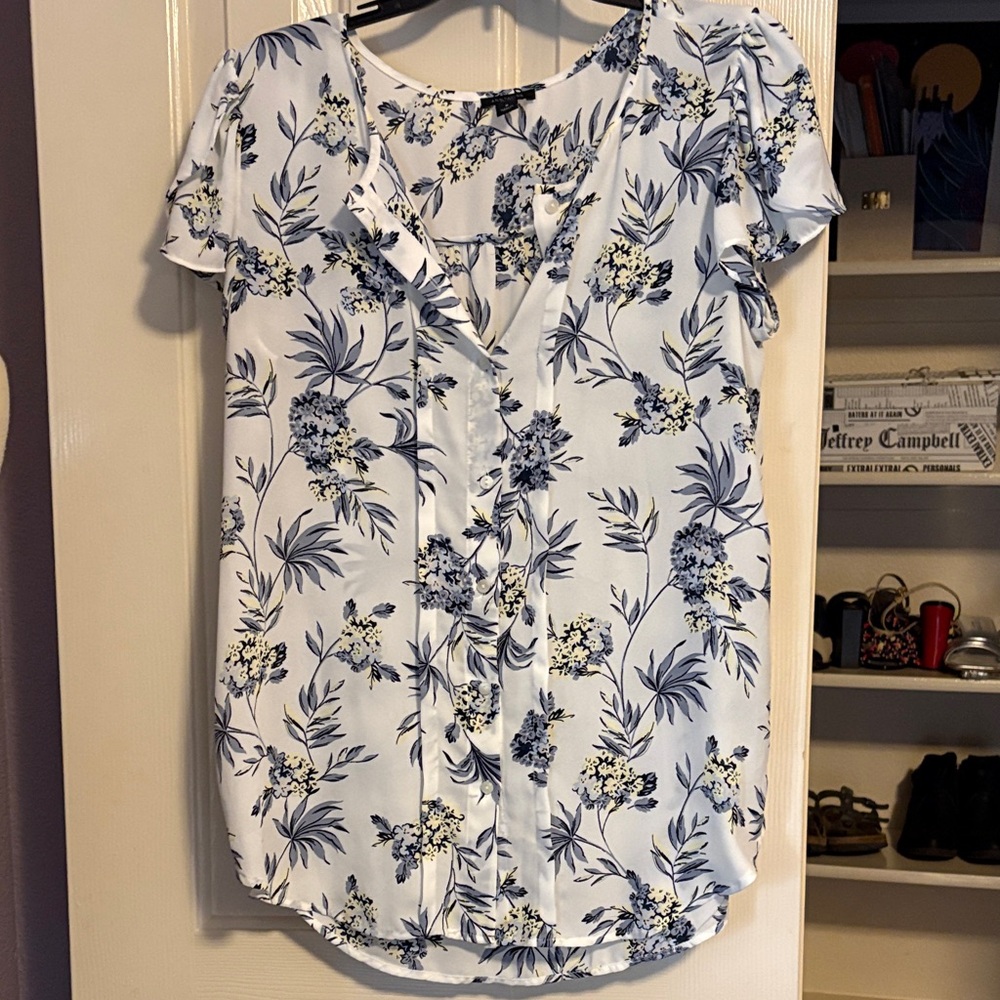 Ann Taylor Factory White Blouse with Blue Floral Print